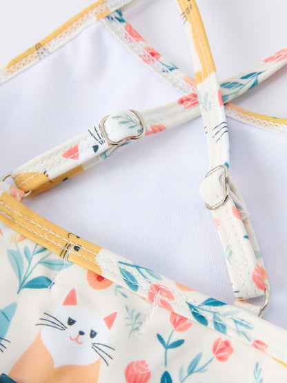Summer Cat Print Girls Two Piece Swimsuit
