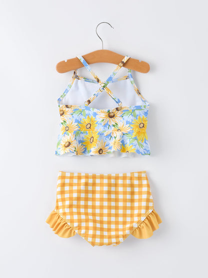 Summer Sunflower Plaid Girls Two Piece Swimsuit