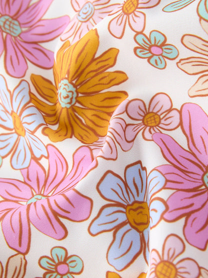 Floral Print Girls Ruffle Leg One Piece Swimsuit