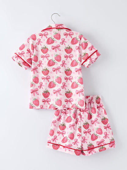 Spring Strawberry Bow Short Sleeve Shorts Pajama Set