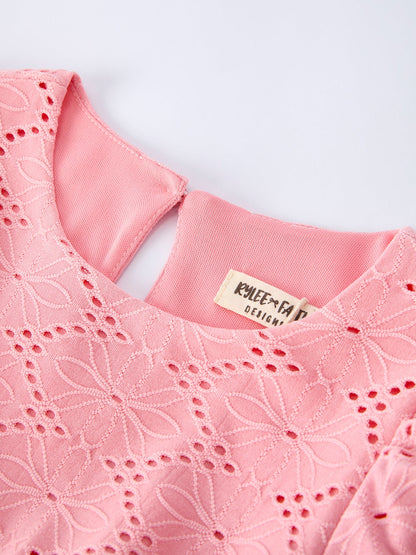Pink Eyelet Embroidered Girl Short Sleeve Dress
