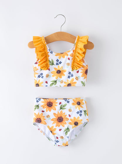 Sunflower Print Ruffle Strap Girl Two Piece Swimsuit