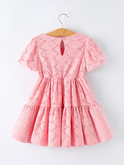 Pink Eyelet Embroidered Girl Short Sleeve Dress