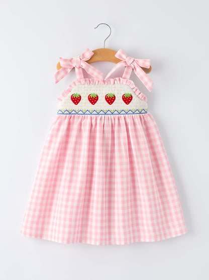 Strawberry Embroidery Girl Dress Bow Strap Ruffle