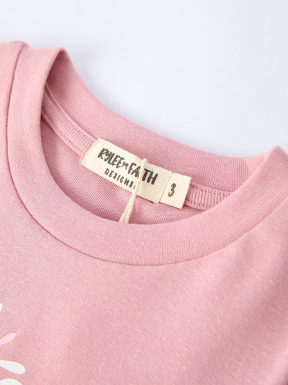 Flower Letter Girl Short Sleeve Top Denim Skirt Set