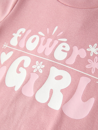 Flower Letter Girl Short Sleeve Top Denim Skirt Set