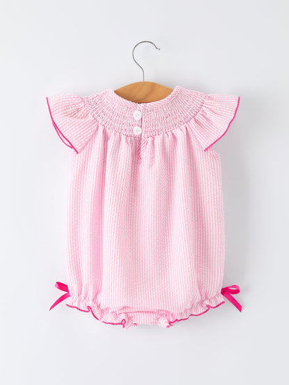 Strawberry Smocked Girl Romper Bow Ruffle