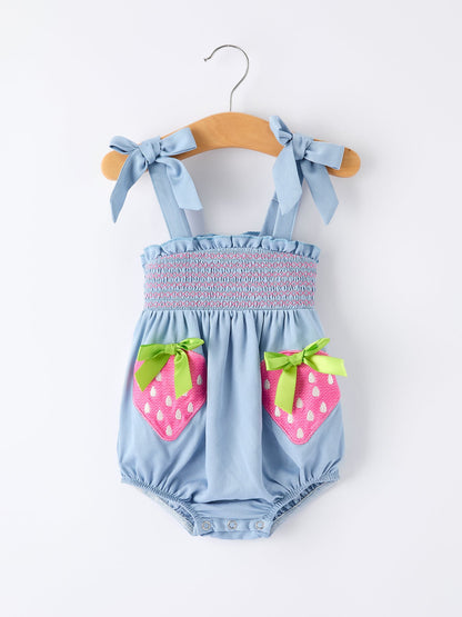 Summer Strawberry Smocked Applique Girl Romper