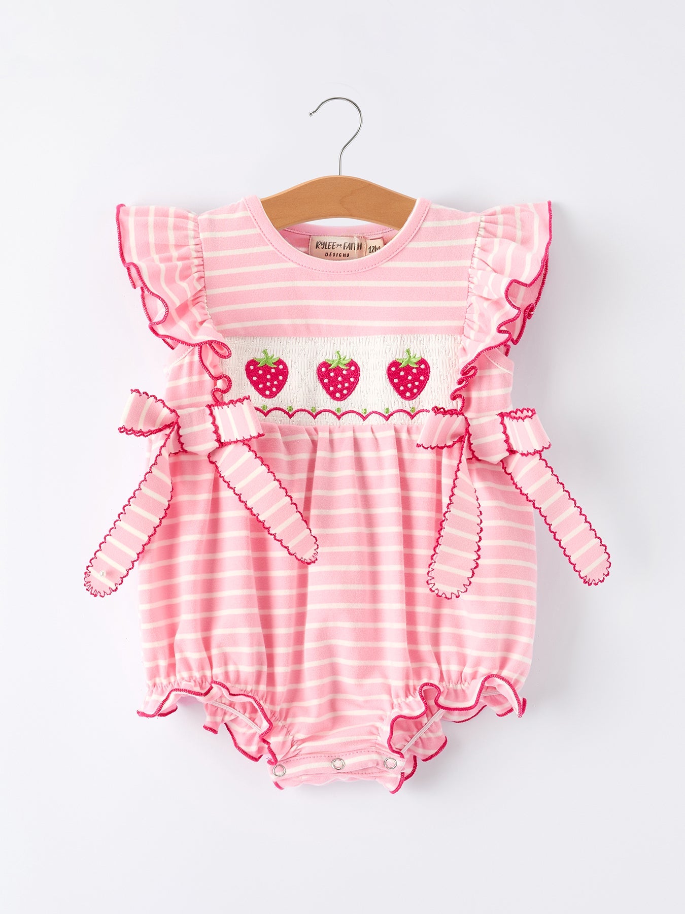 Strawberry Embroidery Pink Stripe Girl Smocked Romper