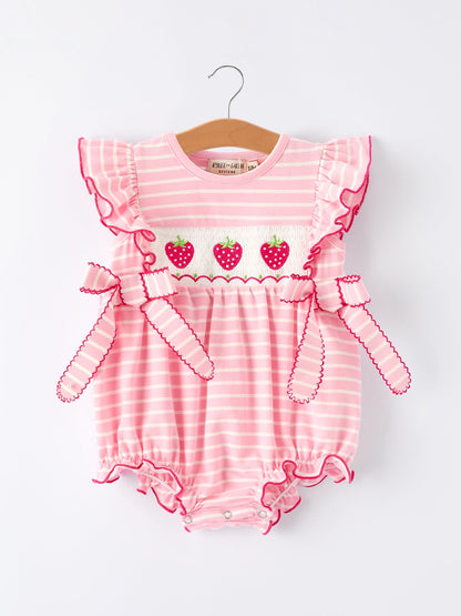 Strawberry Embroidery Pink Stripe Girl Smocked Romper
