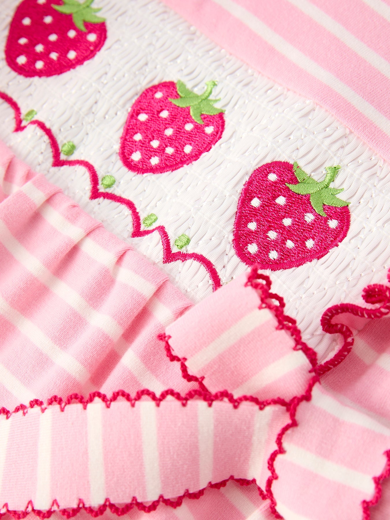 Strawberry Embroidery Pink Stripe Girl Smocked Romper