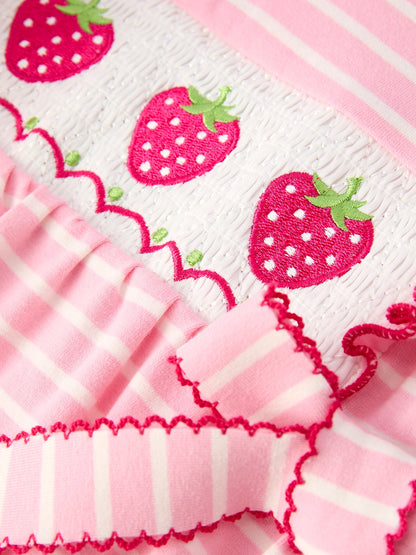 Strawberry Embroidery Pink Stripe Girl Smocked Romper