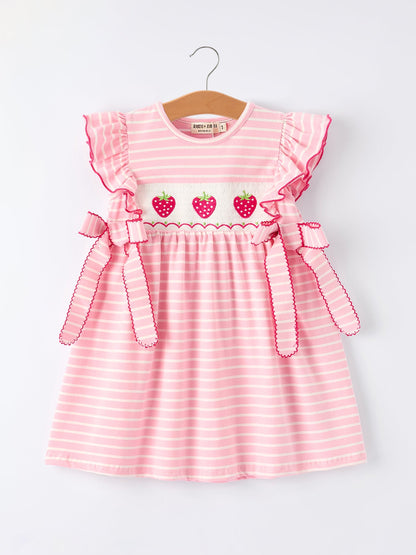 Strawberry Embroidery Pink Stripe Girl Smocked Dress