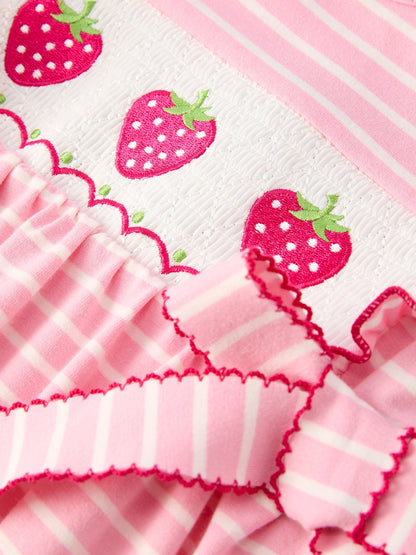 Strawberry Embroidery Pink Stripe Girl Smocked Dress