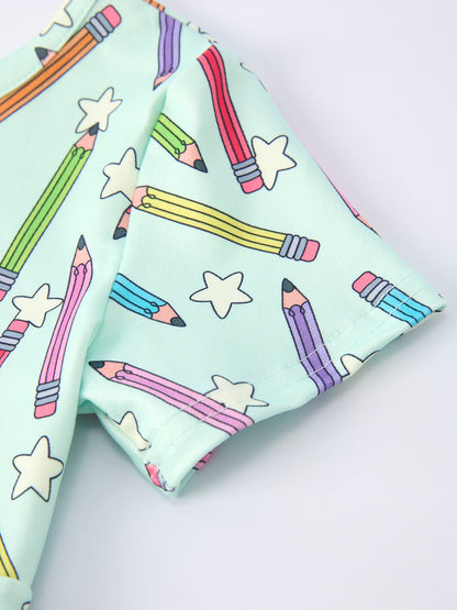 Back to School Pencil Print Girls Dress Short Sleeve