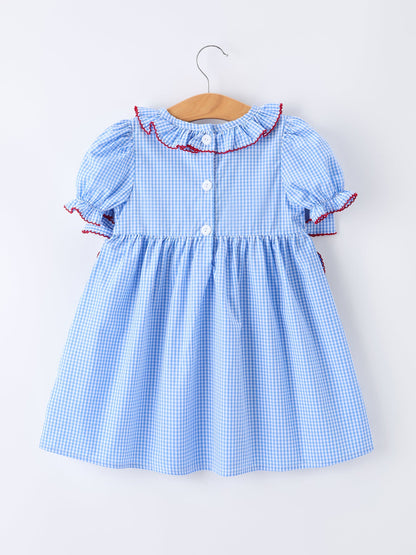 Back To School Apple Plaid Girls Dress Smocked Puff Sleeve Bow
