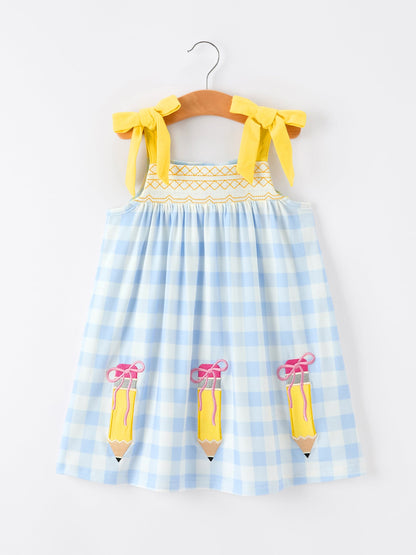 Girls Back To School Pencil Plaid Dress Bow Applique Smocked