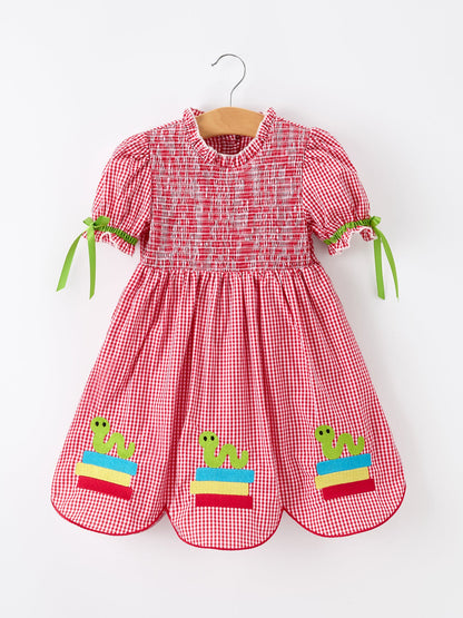 Girls Back To School Worm Plaid Twirl Dress Smocked