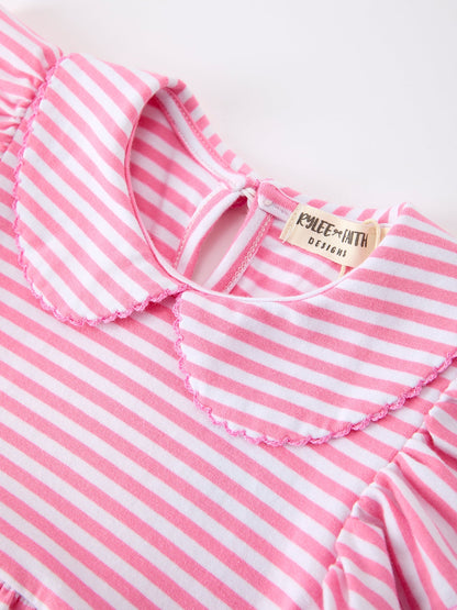 Girls Back To School Bow Pencil Twirl Dress Ruffle Petal Collar Applique