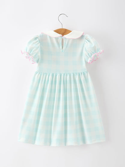 Spring Plaid Bow Girls Dress Smocked Petals Collar Puff Sleeve