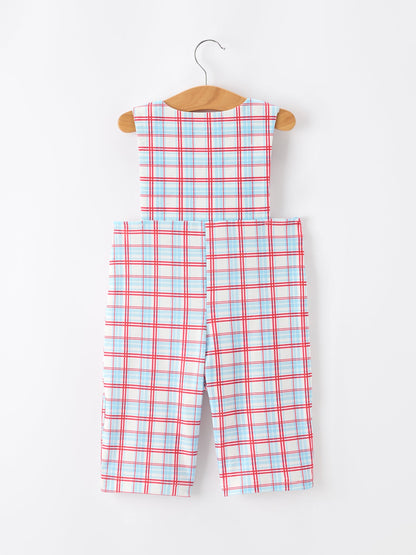4th of July Plaid Boys Romper Smocked Flag Button Strap
