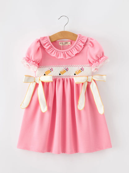 Back To School Embroidery Girls Dress Bow Ruffle Puff Sleeve