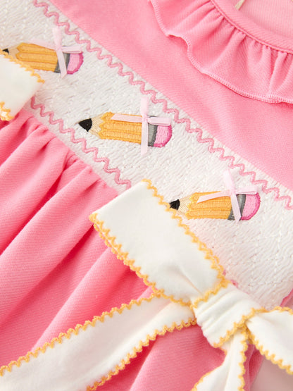 Back To School Embroidery Girls Dress Bow Ruffle Puff Sleeve