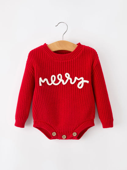 Red Christmas Girls “merry” Knit Baby Romper