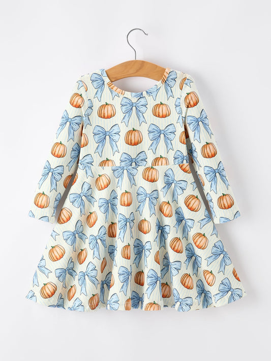 Halloween Thanksgiving Pumpkin Bow Girls Dress Long Sleeve
