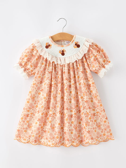 Thanksgiving Turkey Floral Lace Ruffle Girls Dress