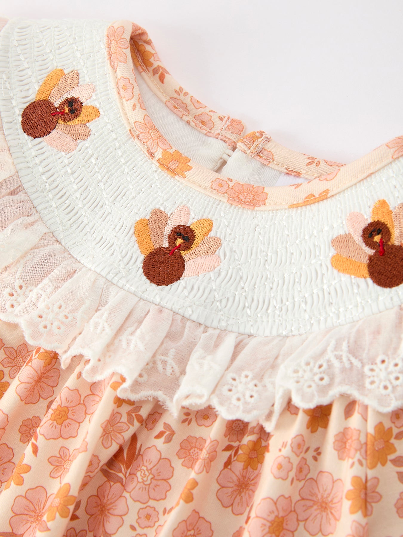 Thanksgiving Turkey Floral Lace Bubble Girls Romper