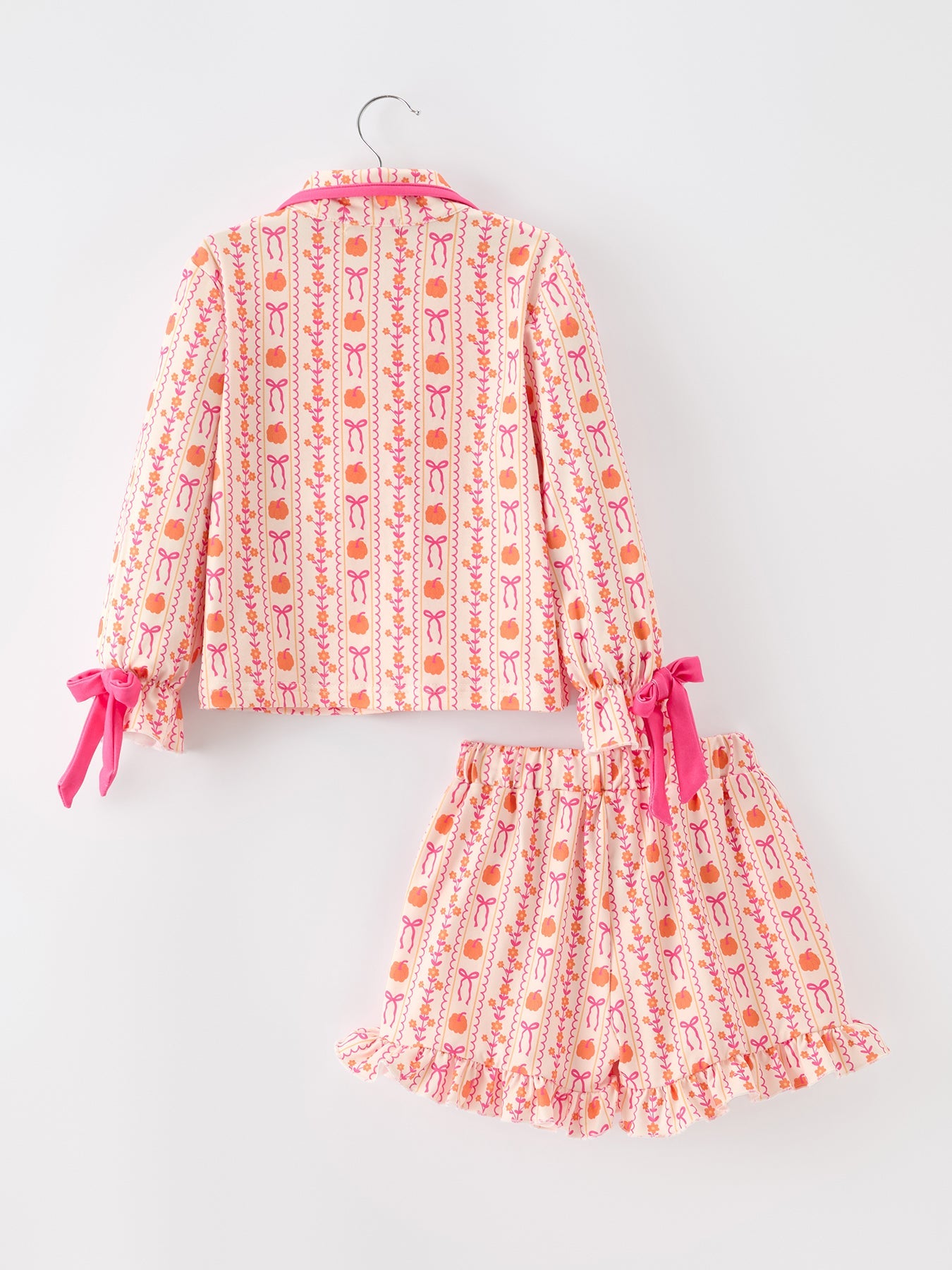 Halloween Thanksgiving Pumpkin Bow Girls Pajama Set