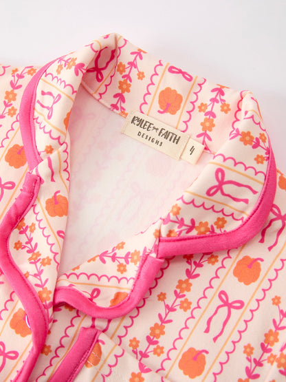 Halloween Thanksgiving Pumpkin Bow Girls Pajama Set
