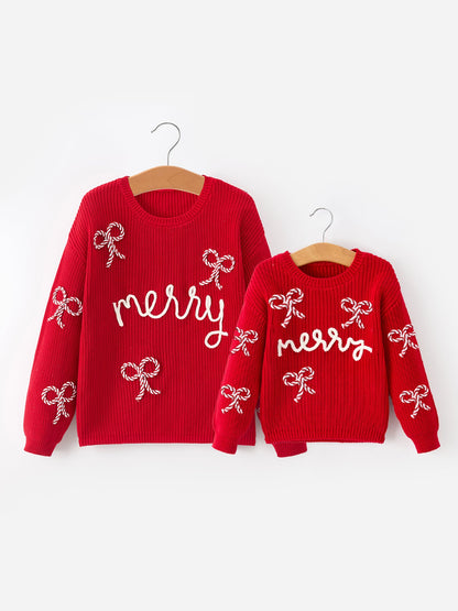 Mom and Me Winter Christmas Red "merry" Pullover Sweater