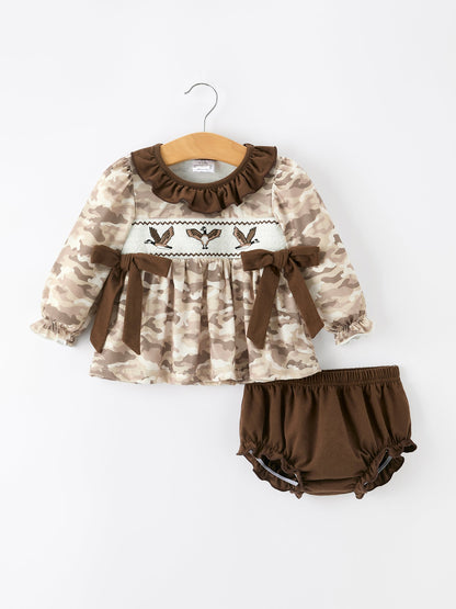 Duck Smocked Camo Baby Bloomer Set Bow Detail