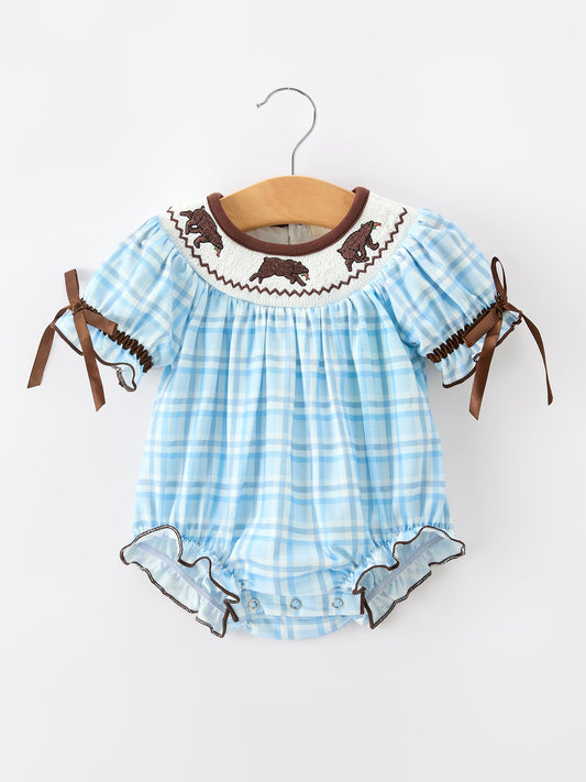 Bear Smocked Plaid Baby Bubble