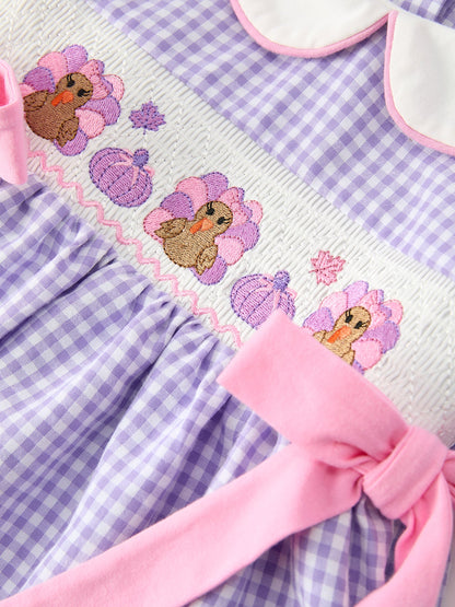 Thanksgiving Turkey Smocked Plaid Bow Girls Bubble Romper