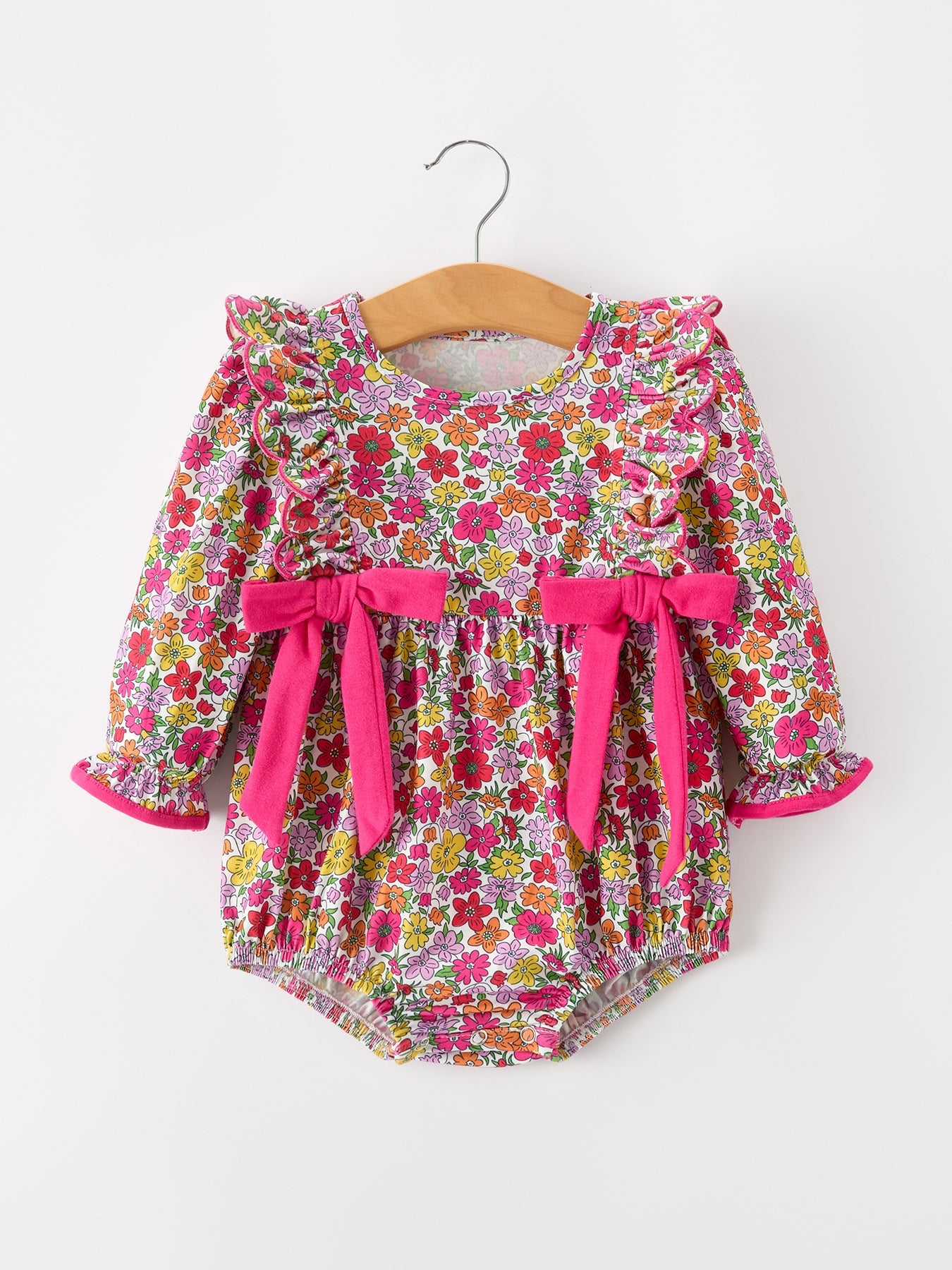 Hot Pink Bow Floral Girl Bubble Romper