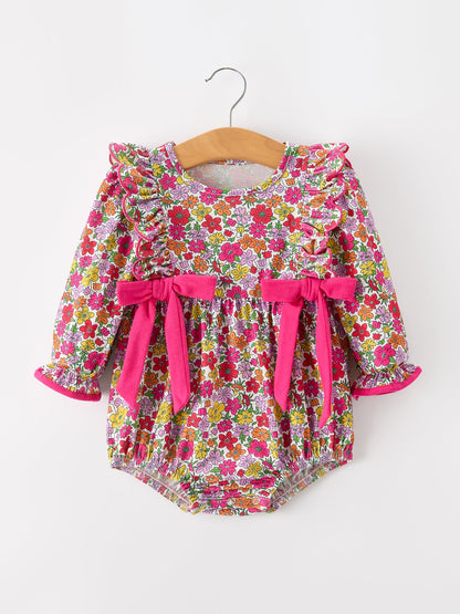 Hot Pink Bow Floral Girl Bubble Romper