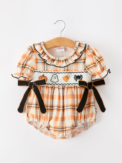 Halloween Plaid Smocked Baby Bubble Romper