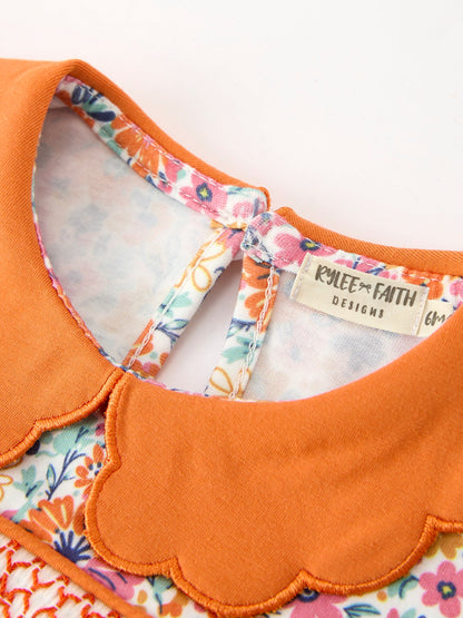 Fall Floral Smocked Petals Collar Girls Bubble Romper