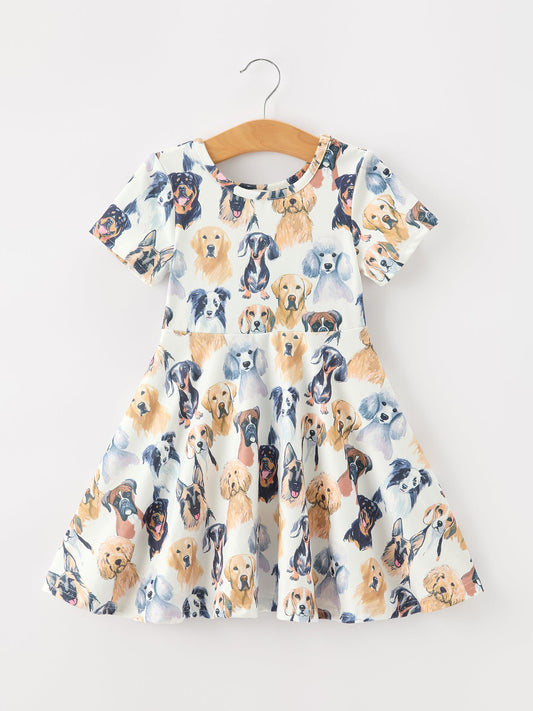 Dog Print Girls Short Sleeve Twirl Dress