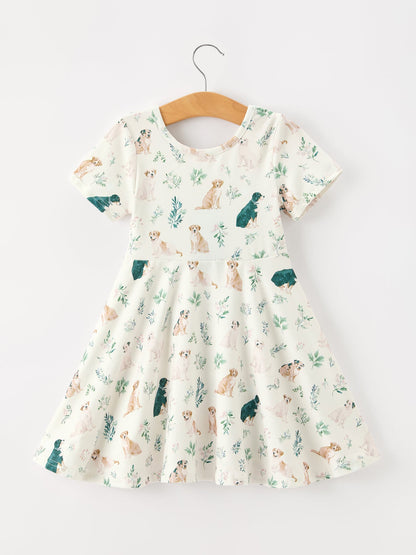 Neutral Puppy Floral Twirl Girls Dress