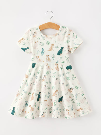 Neutral Puppy Floral Twirl Girls Dress