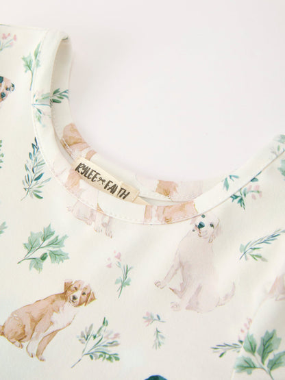 Neutral Puppy Floral Twirl Girls Dress