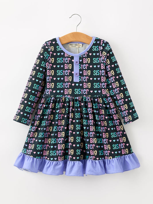 Big Sister Rainbow Letter Print Girls Ruffle Hem Dress