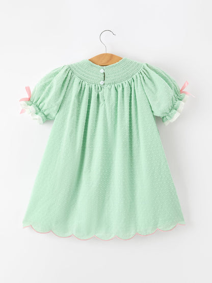 Christmas Mint Green Smocked Santa Girls Puff Sleeve Dress