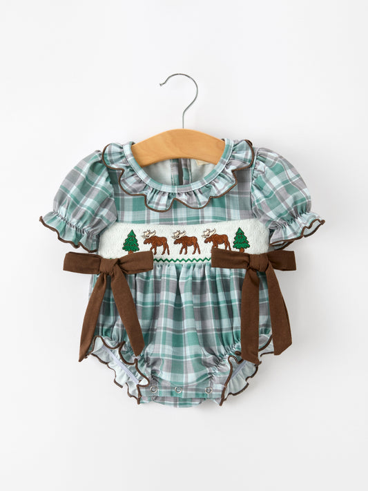 Plaid Moose Smocked Baby Girl Bubble Romper
