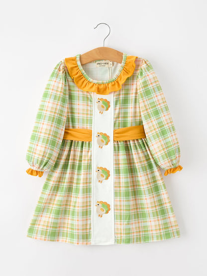 Thanksgiving Turkey Applique Plaid Girls Long Sleeve Dress