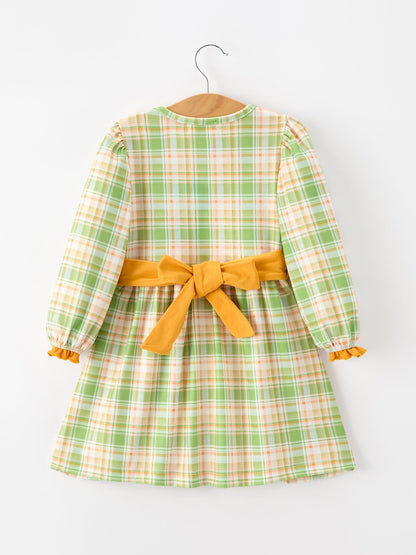 Thanksgiving Turkey Applique Plaid Girls Long Sleeve Dress